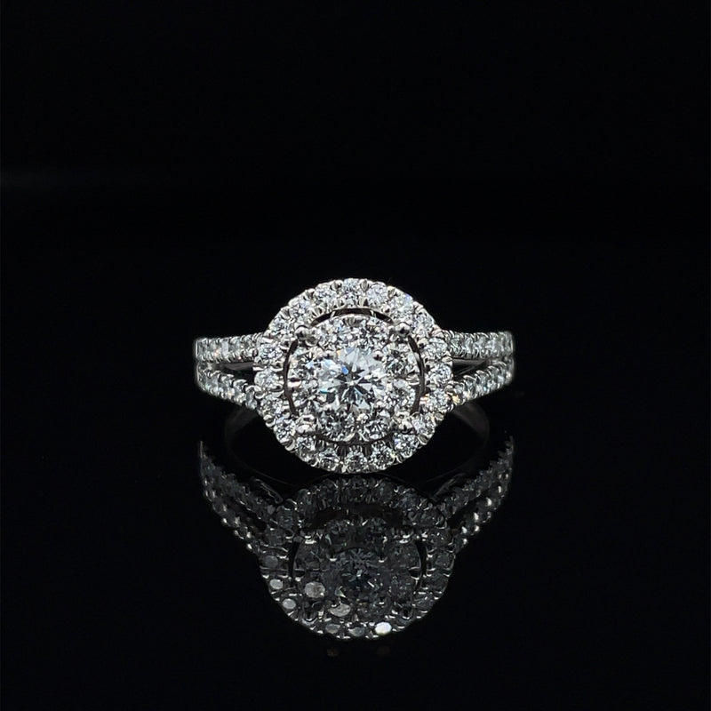 Round Shape Single Halo Split Shank Diamond Ring