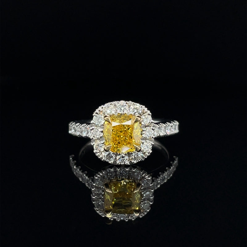 Lab Grown Yellow Diamond Cushion Shape Halo Engagement Ring - 2.21ct