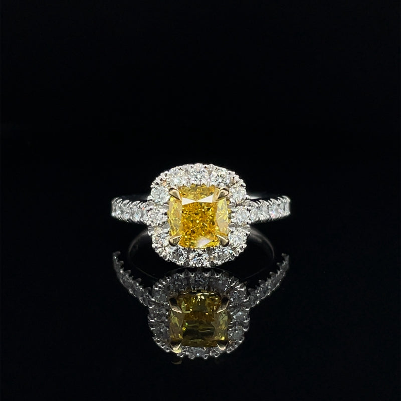 LAB GROWN PLATINUM YELLOW DIAMOND CUSHION SHAPE HALO ENGAGEMENT RING - 1.51CT