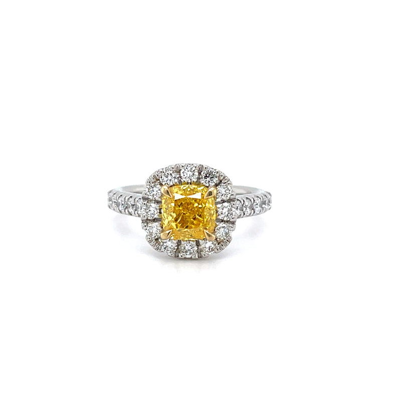 LAB GROWN PLATINUM YELLOW DIAMOND CUSHION SHAPE HALO ENGAGEMENT RING - 1.51CT