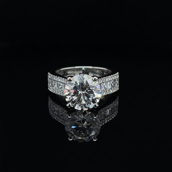 Lab Grown Round Brilliant Cut With Baguette & Princess Cut Band Engagement Ring -1.0CT+