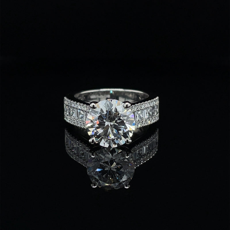 Lab Grown Round Brilliant Cut With Baguette & Princess Cut Band Engagement Ring -1.0CT+