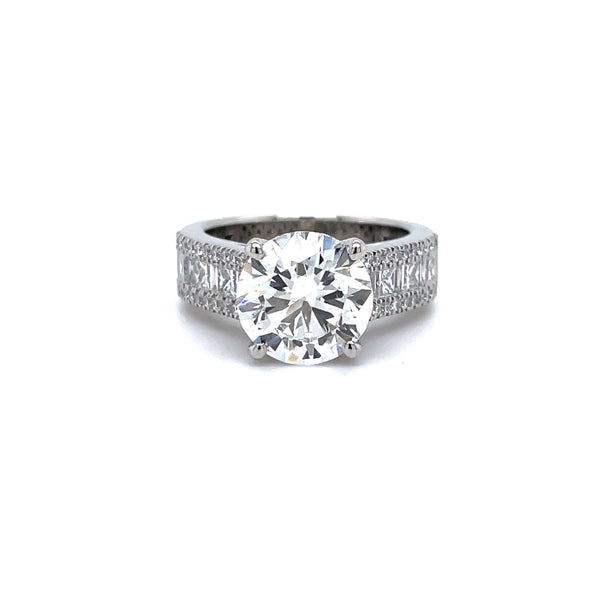 Lab Grown Round Brilliant Cut With Baguette & Princess Cut Band Engagement Ring -1.0CT+