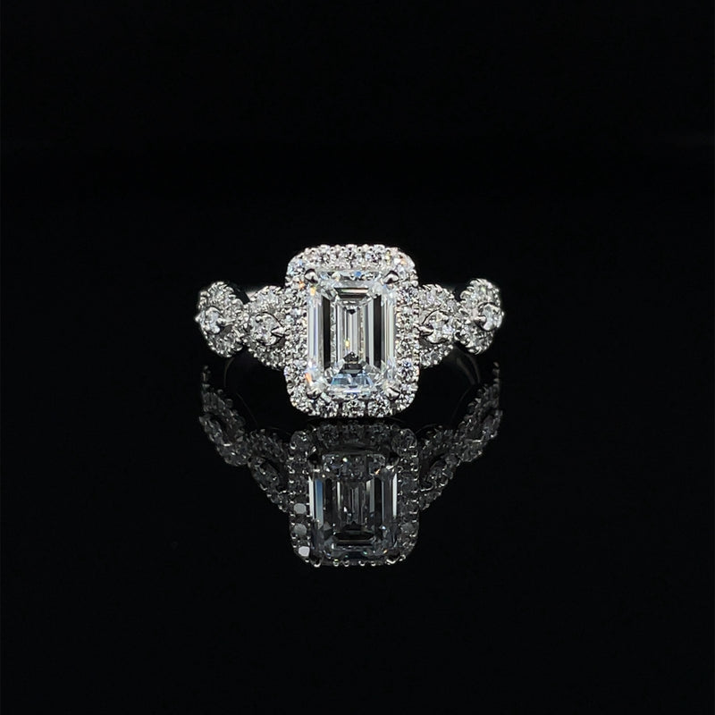 LAB GROWN EMERALD CUT HALO CROSSOVER DIAMOND ENGAGEMENT RING -1CT+