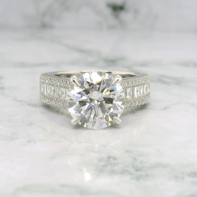 Lab Grown Round Brilliant Cut With Baguette & Princess Cut Band Engagement Ring -1.0CT+