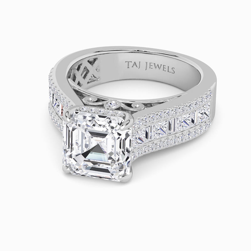 Asscher Cut Lab Diamond Engagement Ring with Princess, Baguette & Round Diamond Band (1.5CT+)