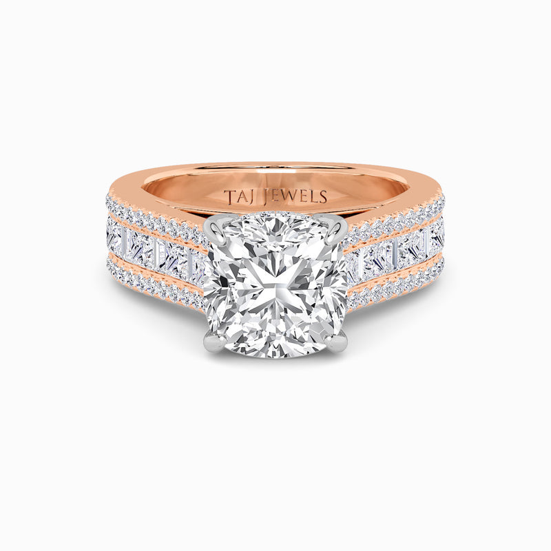 Cushion Cut Lab Diamond Engagement Ring with Princess, Baguette & Round Diamond Band (1.5CT+)