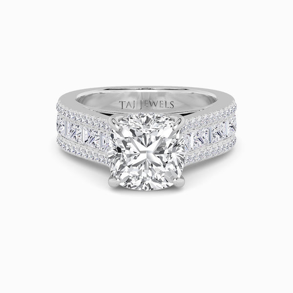 Cushion Cut Lab Diamond Engagement Ring with Princess, Baguette & Round Diamond Band (1.5CT+)