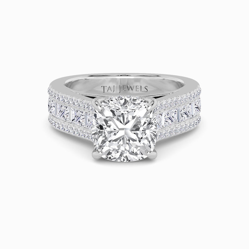 Cushion Cut Lab Diamond Engagement Ring with Princess, Baguette & Round Diamond Band (1.5CT+)