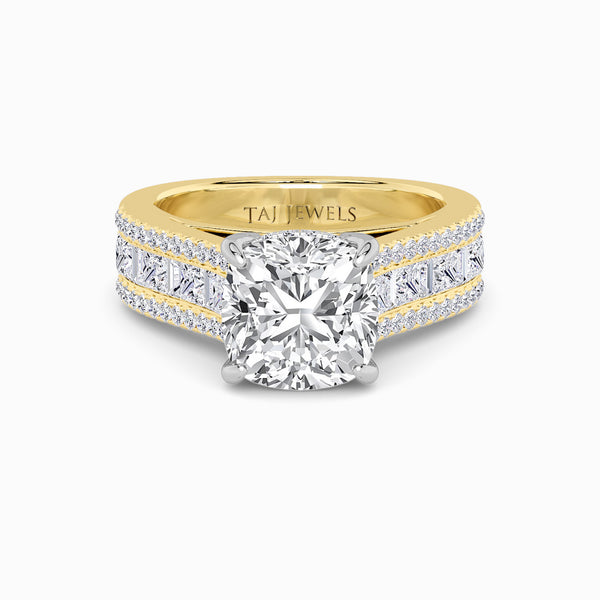 Cushion Cut Lab Diamond Engagement Ring with Princess, Baguette & Round Diamond Band (1.5CT+)