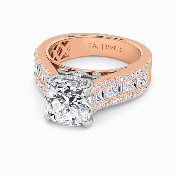 Cushion Cut Lab Diamond Engagement Ring with Princess, Baguette & Round Diamond Band (1.5CT+)