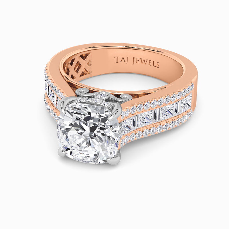 Cushion Cut Lab Diamond Engagement Ring with Princess, Baguette & Round Diamond Band (1.5CT+)