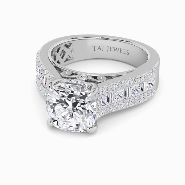 Cushion Cut Lab Diamond Engagement Ring with Princess, Baguette & Round Diamond Band (1.5CT+)