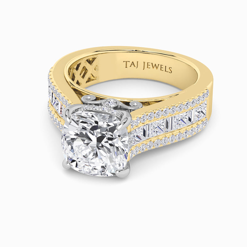 Cushion Cut Lab Diamond Engagement Ring with Princess, Baguette & Round Diamond Band (1.5CT+)