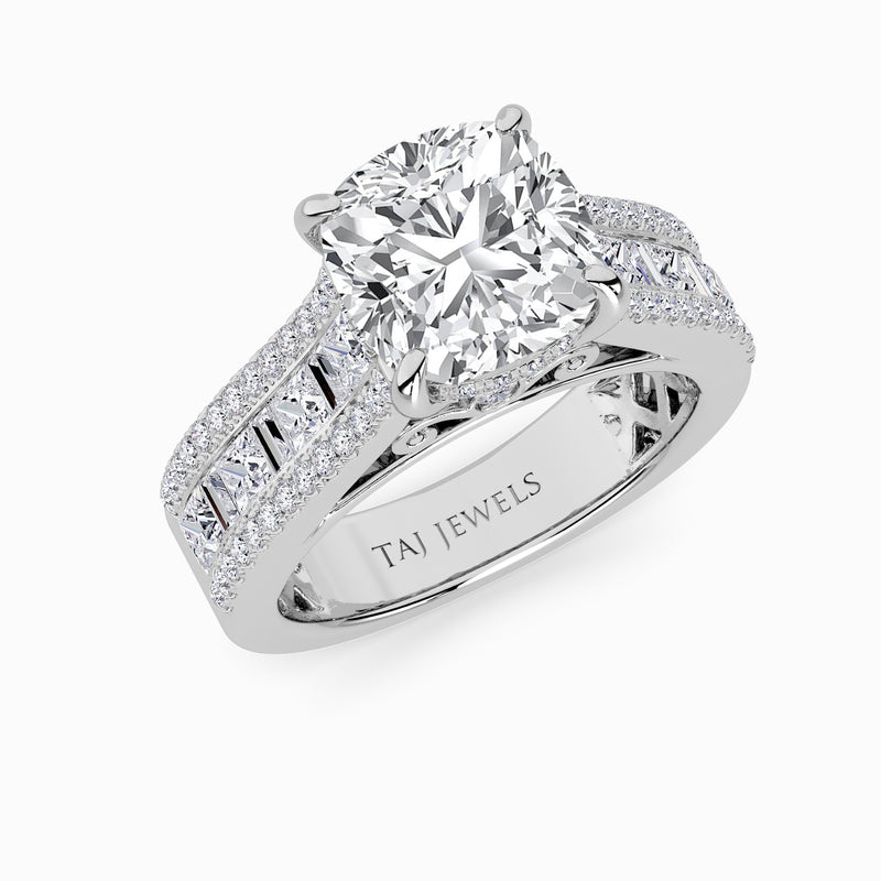 Cushion Cut Lab Diamond Engagement Ring with Princess, Baguette & Round Diamond Band (1.5CT+)