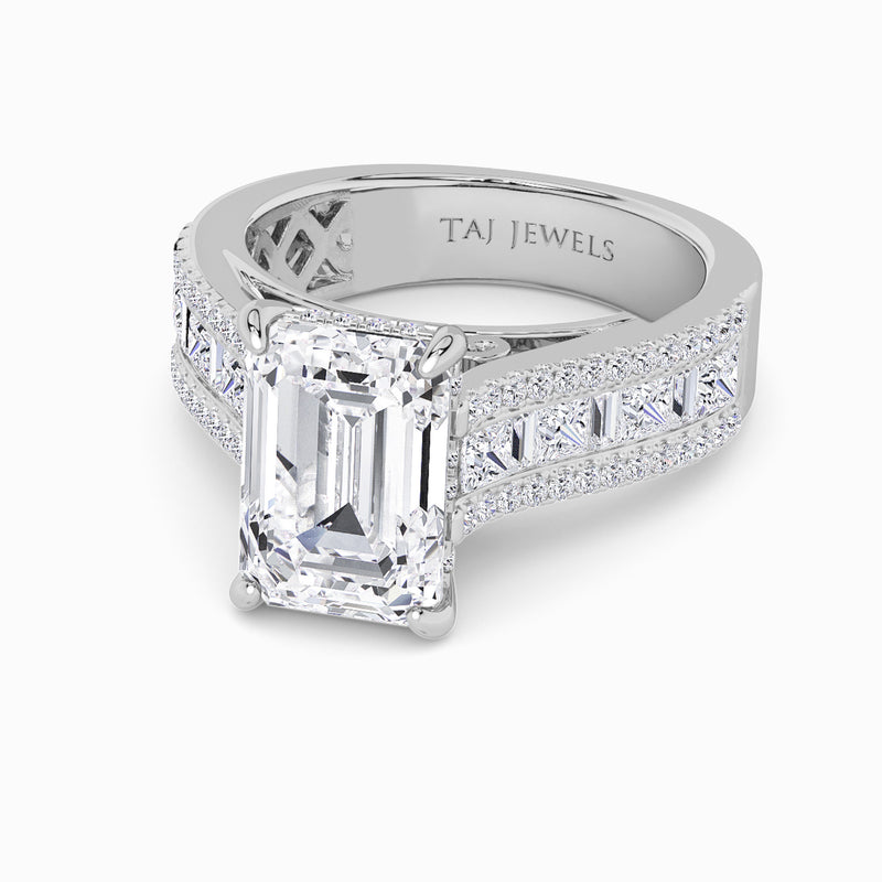 Emerald Cut Lab Diamond Engagement Ring with Princess, Baguette & Round Diamond Band (1.5CT+)
