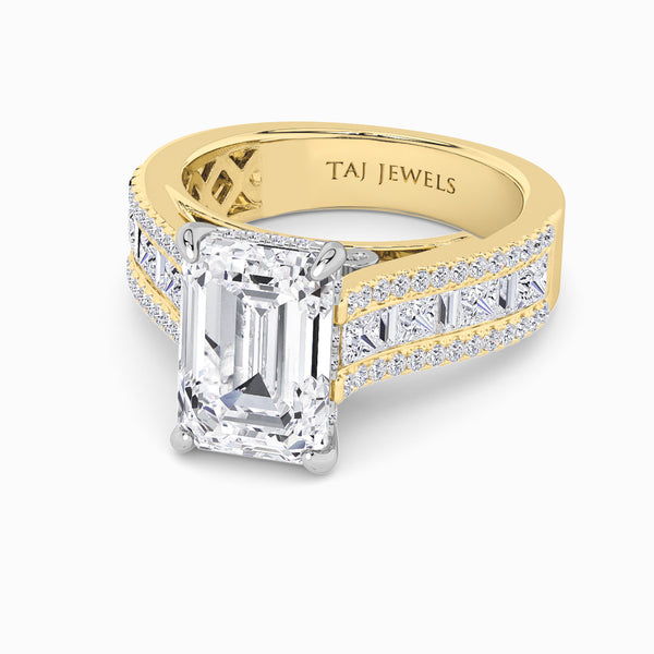 Emerald Cut Lab Diamond Engagement Ring with Princess, Baguette & Round Diamond Band (1.5CT+)