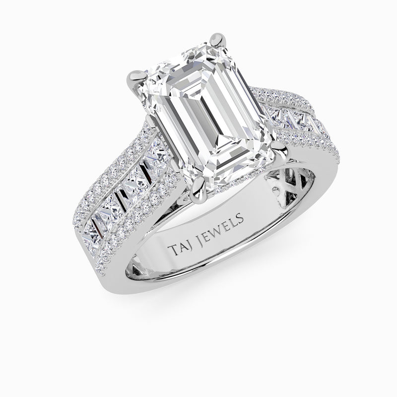 Emerald Cut Lab Diamond Engagement Ring with Princess, Baguette & Round Diamond Band (1.5CT+)