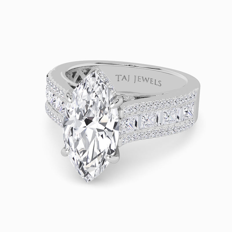 Marquise Brilliant Lab Diamond Engagement Ring with Princess, Baguette & Round Diamond Band (1.5CT+)