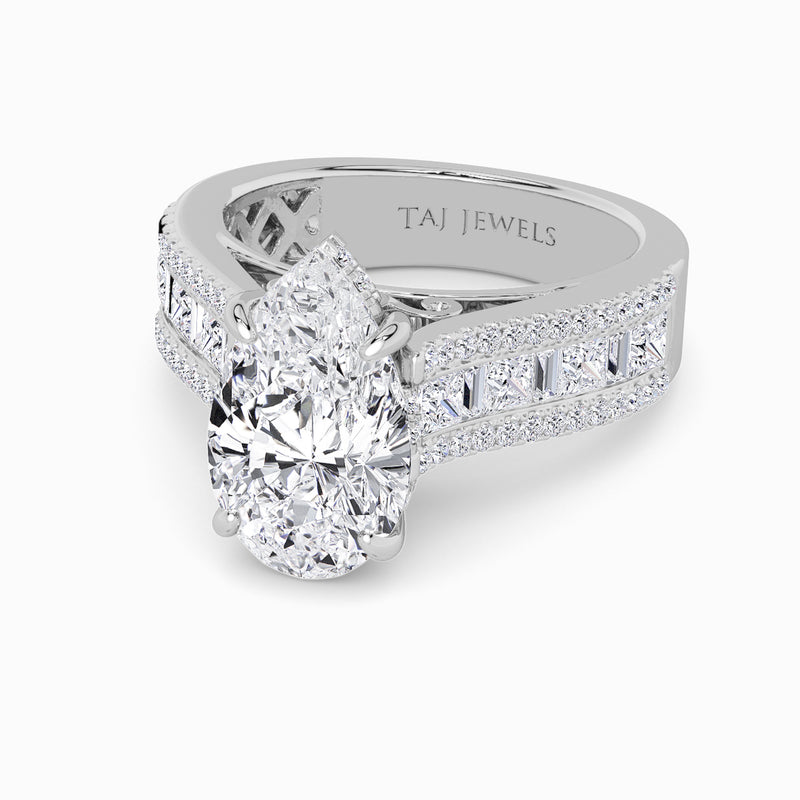 Pear Brilliant Lab Diamond Engagement Ring with Princess, Baguette & Round Diamond Band (1.5CT+)
