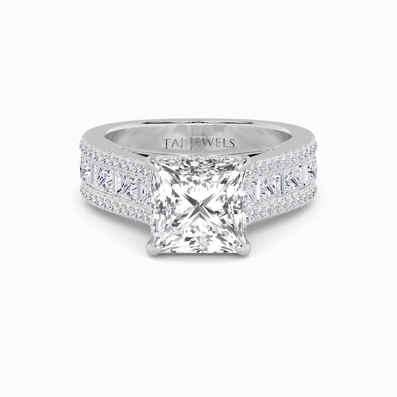 Princess Cut Lab Diamond Engagement Ring with Princess, Baguette & Round Diamond Band (1.5CT+)