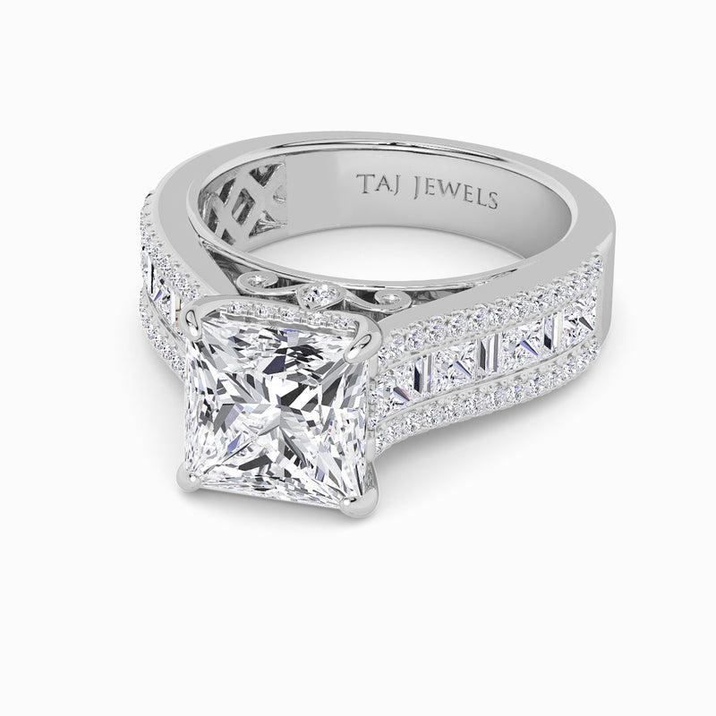 Princess Cut Lab Diamond Engagement Ring with Princess, Baguette & Round Diamond Band (1.5CT+)