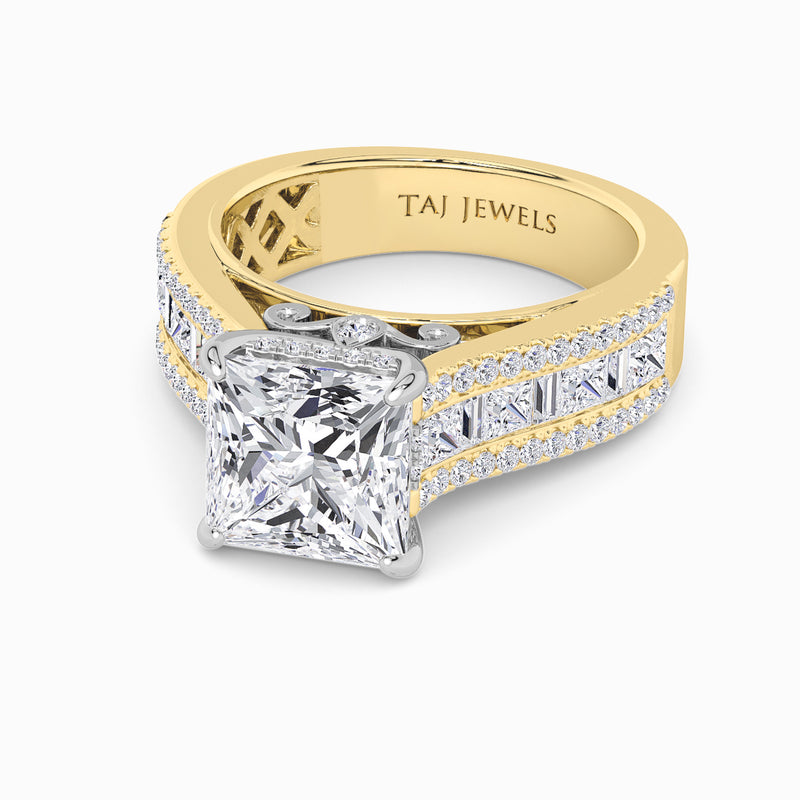 Princess Cut Lab Diamond Engagement Ring with Princess, Baguette & Round Diamond Band (1.5CT+)
