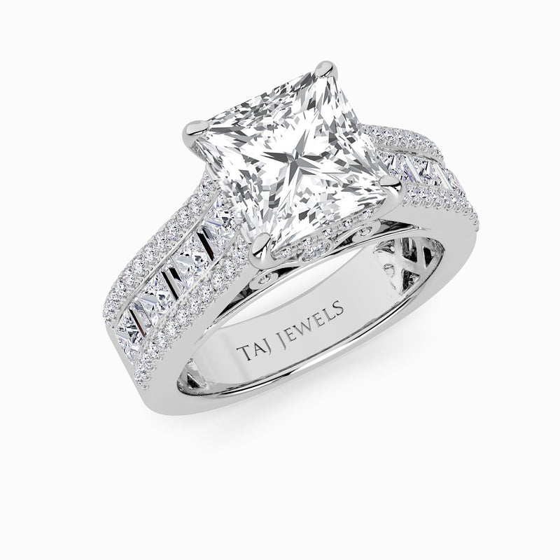Princess Cut Lab Diamond Engagement Ring with Princess, Baguette & Round Diamond Band (1.5CT+)
