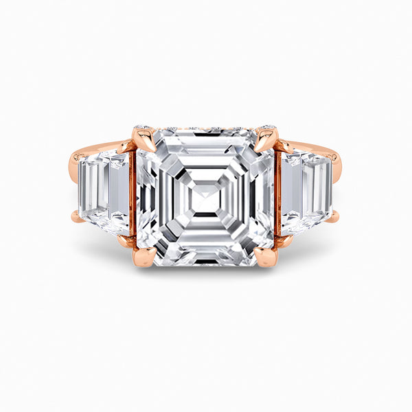 Asscher Trilogy Lab Diamond Engagement Ring With Trapezoid Side Diamonds & Diamond Gallery (1.50CT+)