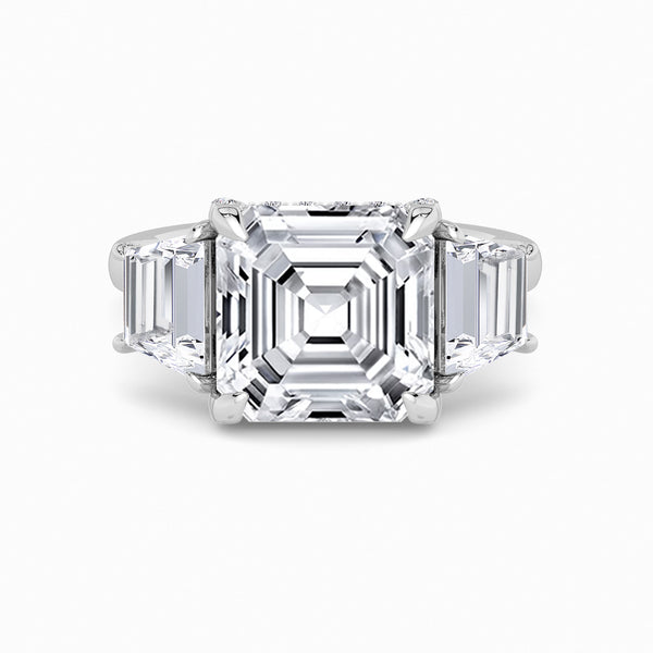 Asscher Trilogy Lab Diamond Engagement Ring With Trapezoid Side Diamonds & Diamond Gallery (1.50CT+)