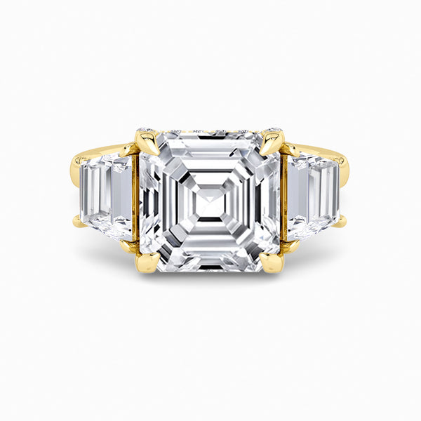 Asscher Trilogy Lab Diamond Engagement Ring With Trapezoid Side Diamonds & Diamond Gallery (1.50CT+)