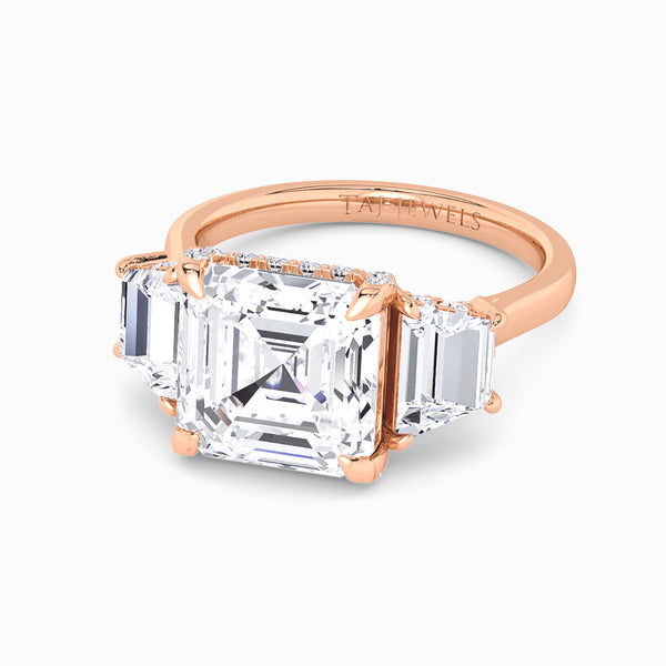 Asscher Trilogy Lab Diamond Engagement Ring With Trapezoid Side Diamonds & Diamond Gallery (1.50CT+)