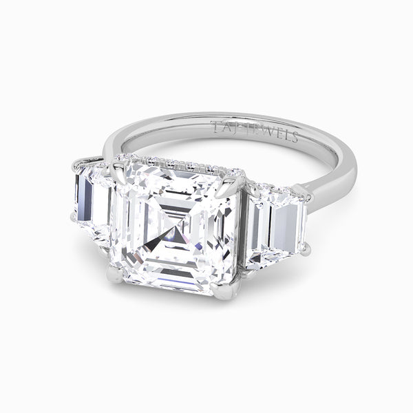Asscher Trilogy Lab Diamond Engagement Ring With Trapezoid Side Diamonds & Diamond Gallery (1.50CT+)