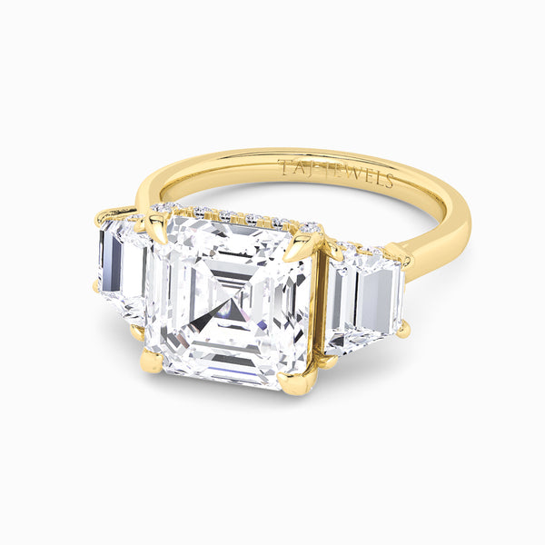 Asscher Trilogy Lab Diamond Engagement Ring With Trapezoid Side Diamonds & Diamond Gallery (1.50CT+)