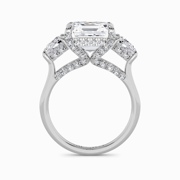 Asscher Trilogy Lab Diamond Engagement Ring With Trapezoid Side Diamonds & Diamond Gallery (1.50CT+)