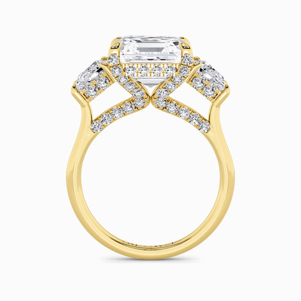 Asscher Trilogy Lab Diamond Engagement Ring With Trapezoid Side Diamonds & Diamond Gallery (1.50CT+)