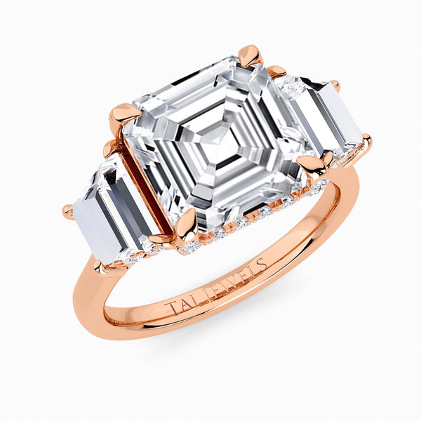 Asscher Trilogy Lab Diamond Engagement Ring With Trapezoid Side Diamonds & Diamond Gallery (1.50CT+)