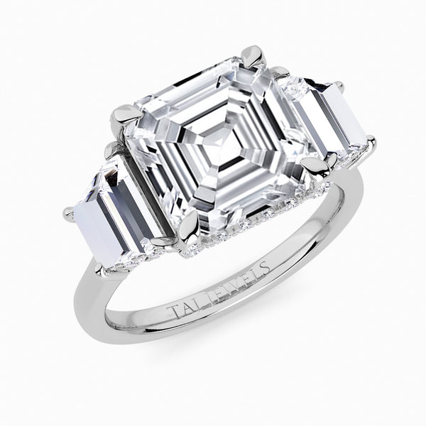 Asscher Trilogy Lab Diamond Engagement Ring With Trapezoid Side Diamonds & Diamond Gallery (1.50CT+)