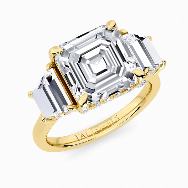 Asscher Trilogy Lab Diamond Engagement Ring With Trapezoid Side Diamonds & Diamond Gallery (1.50CT+)