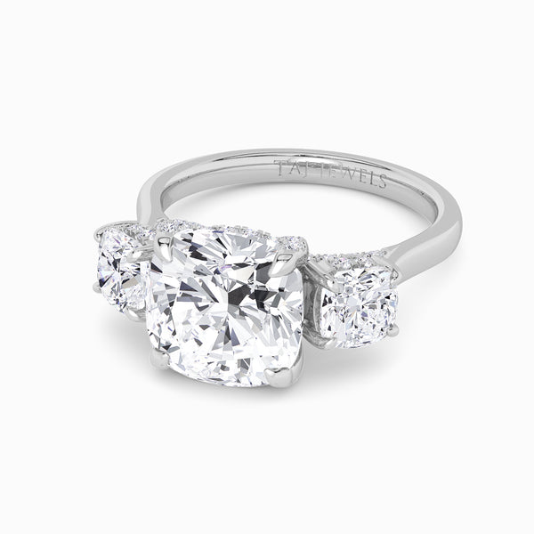 Cushion Trilogy Lab Diamond Engagement Ring With Cushion Side Diamonds & Diamond Gallery (1.50CT+)