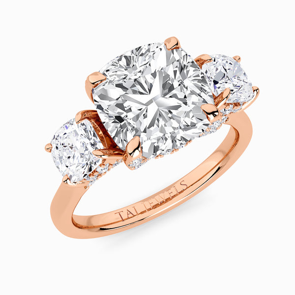 Cushion Trilogy Lab Diamond Engagement Ring With Cushion Side Diamonds & Diamond Gallery (1.50CT+)