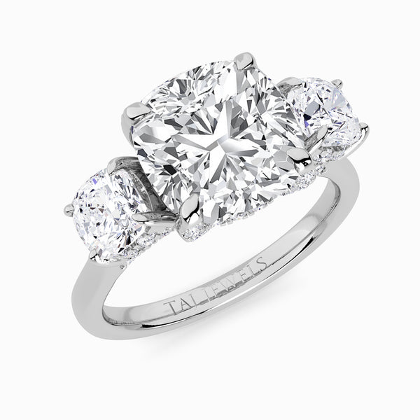 Cushion Trilogy Lab Diamond Engagement Ring With Cushion Side Diamonds & Diamond Gallery (1.50CT+)