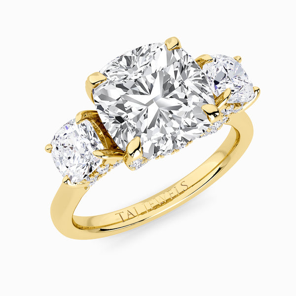 Cushion Trilogy Lab Diamond Engagement Ring With Cushion Side Diamonds & Diamond Gallery (1.50CT+)
