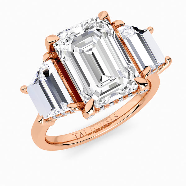 Emerald Trilogy Lab Diamond Engagement Ring With Trapezoid Side Diamonds & Diamond Gallery (1.50CT+)