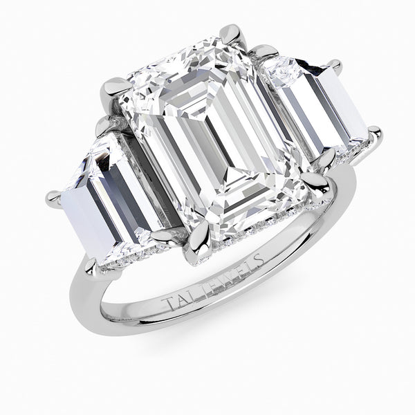 Emerald Trilogy Lab Diamond Engagement Ring With Trapezoid Side Diamonds & Diamond Gallery (1.50CT+)