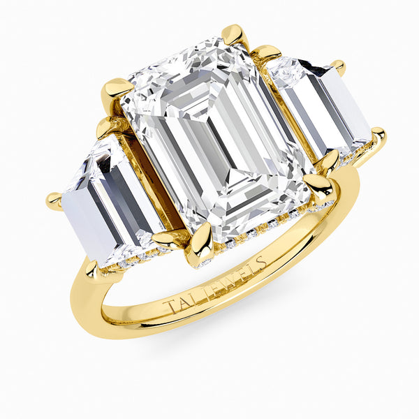Emerald Trilogy Lab Diamond Engagement Ring With Trapezoid Side Diamonds & Diamond Gallery (1.50CT+)
