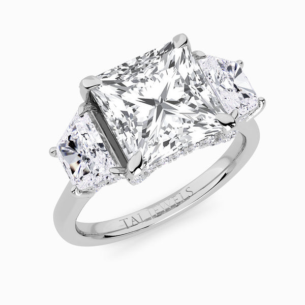 Princess Trilogy Lab Diamond Engagement Ring With Trapezoid Side Diamonds & Diamond Gallery (1.50CT+)