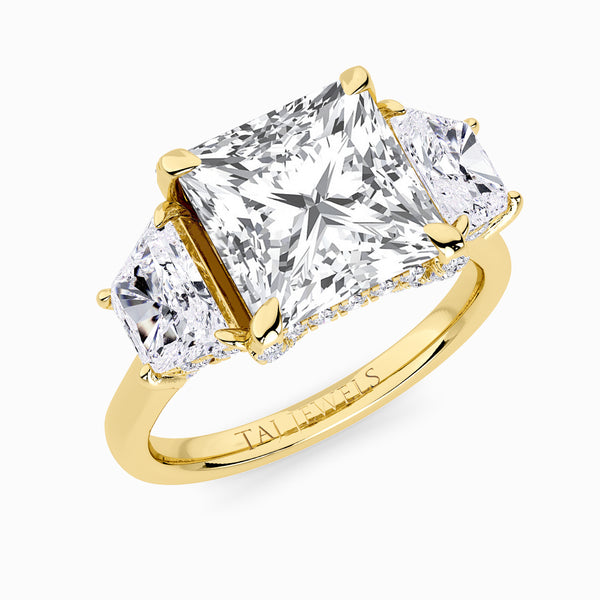 Princess Trilogy Lab Diamond Engagement Ring With Trapezoid Side Diamonds & Diamond Gallery (1.50CT+)