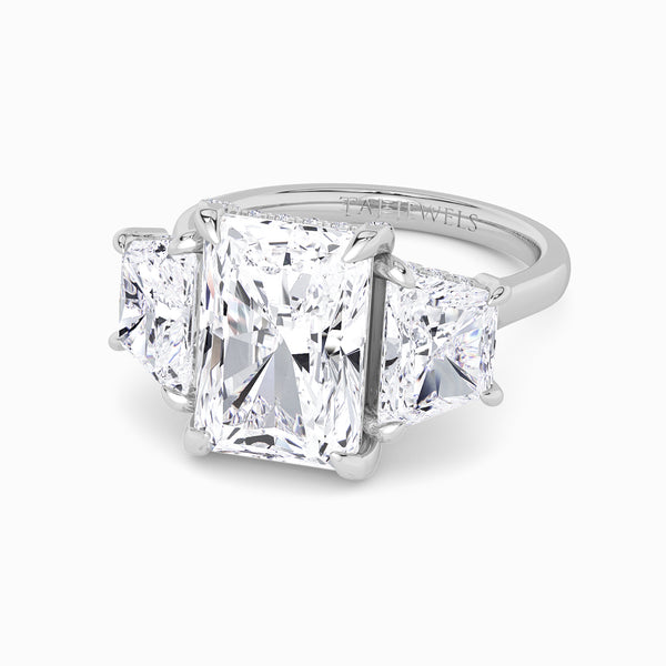 Radiant Trilogy Lab Diamond Engagement Ring With Trapezoid Side Diamonds & Diamond Gallery (1.50CT+)
