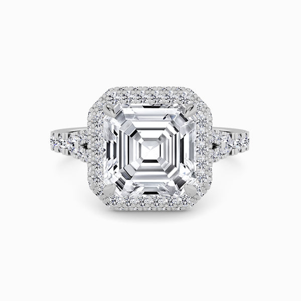 Asscher Cut Lab Diamond 3D Pave Split Shank Halo Engagement Ring (1.00ct+)